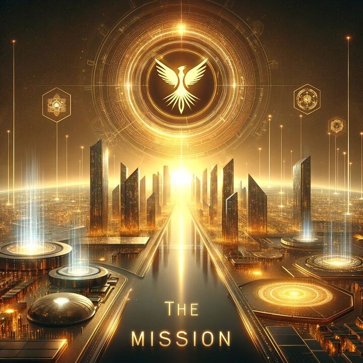 A golden phoenix emblem above a city — The Mission