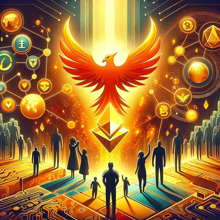 A golden phoenix rising above a crowd