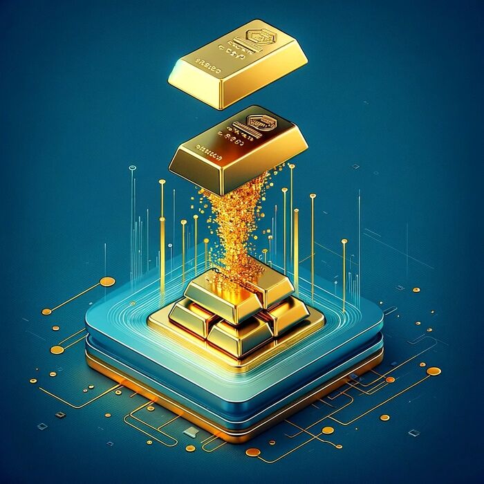 Gold bars flowing into a digital liquidity pool
