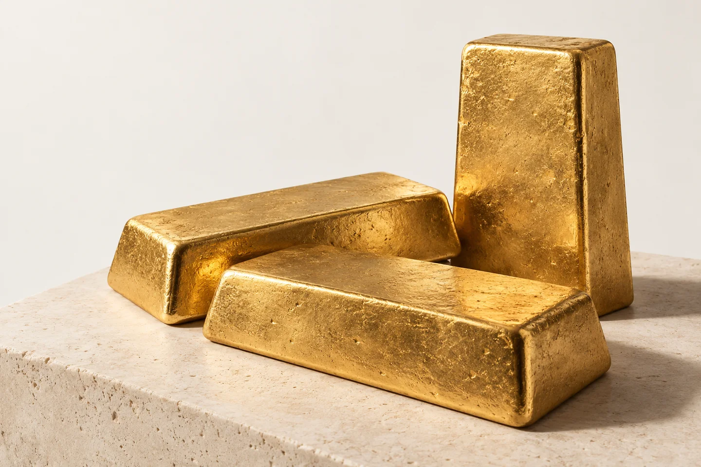 Illustrative study of three cast gold ingots on limestone